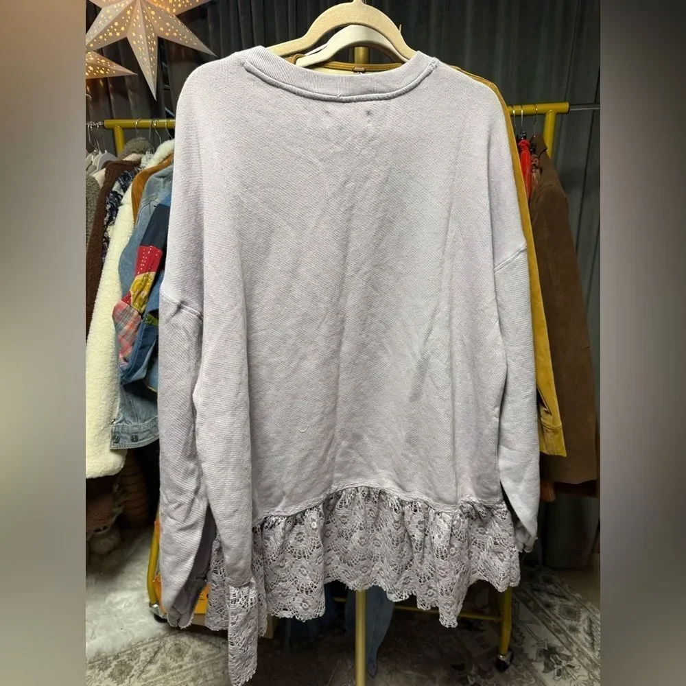 NWOT Free People Belle Lace Trim Tunic Sweatshirt in Raindrops